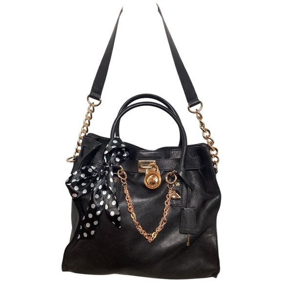 Michael Kors Black Shoulder Bag with Gold Chain and Polka Dot Bow - Picture 1 of 16